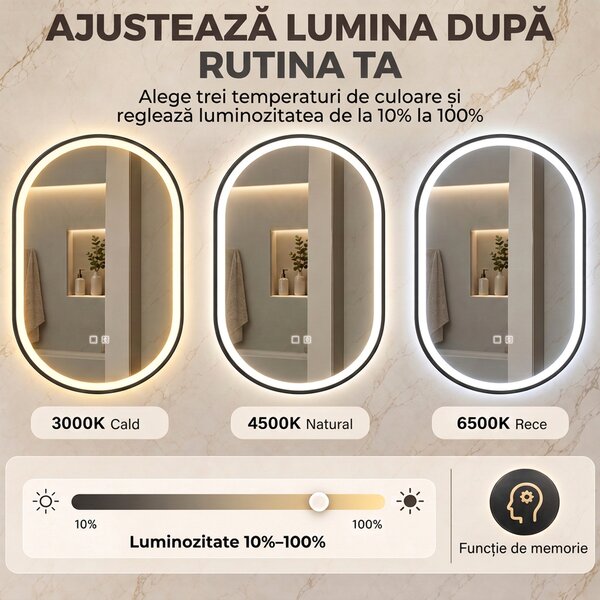 HOMCOM Oglindă de Baie Ovală cu LED 70x100 cm, Bluetooth, Memorie, Butoane Tactile, Antiaburire | Aosom Romania
