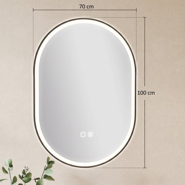 HOMCOM Oglindă de Baie Ovală cu LED 70x100 cm, Bluetooth, Memorie, Butoane Tactile, Antiaburire | Aosom Romania