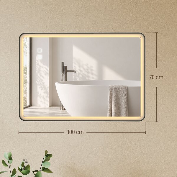 HOMCOM Oglindă de baie LED cu Bluetooth și antiaburire, 100x70 cm, negru | Aosom Romania