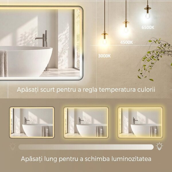HOMCOM Oglindă de baie LED cu Bluetooth și antiaburire, 100x70 cm, negru | Aosom Romania
