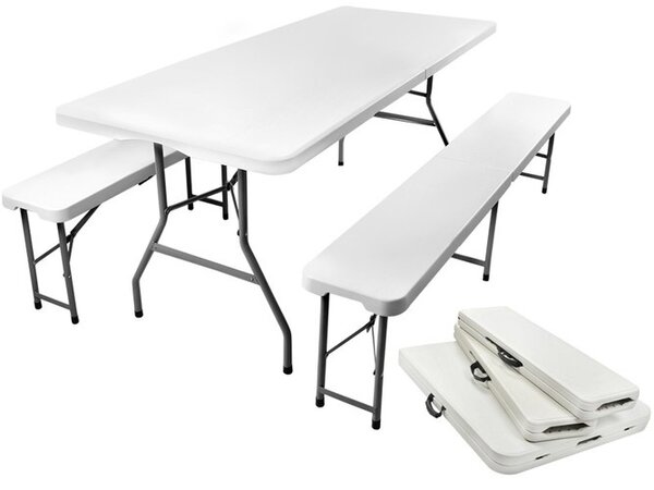 Set de grădină pliabil, masă 180 cm cu 2 bănci – Alb, pentru catering și picnic