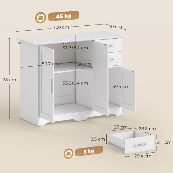HOMCOM Bufet Modern din Lemn cu 2 Sertare și 2 Dulapuri, 100x40x78 cm, Alb | Aosom Romania