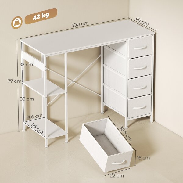 HOMCOM Birou cu 4 sertare textile, structură metalică, raft deschis, alb | Aosom Romania