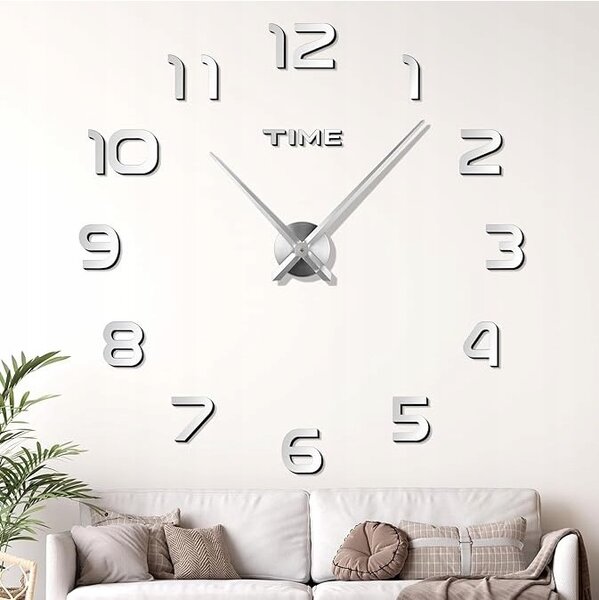Ceas decorativ de perete Ruhhy - DIY cu efect de oglindă 3D, dimensiune reglabilă 60-130 cm, Argintiu