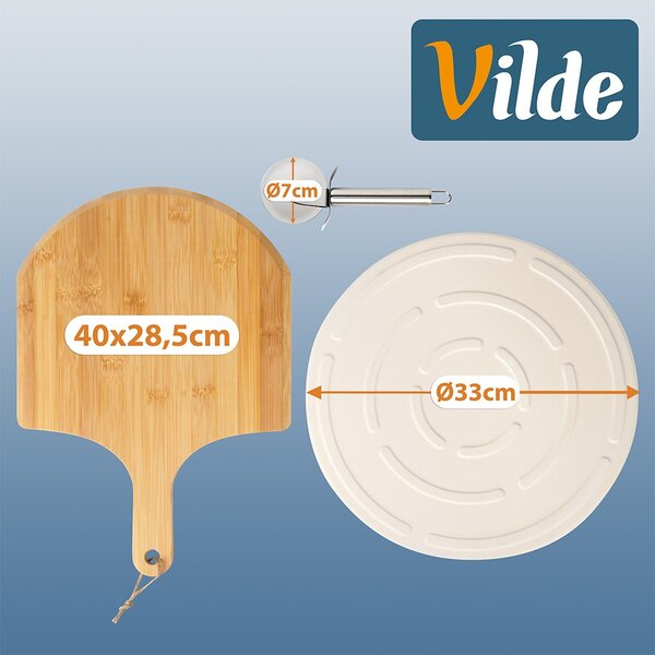 Set 3 piese pentru pizza: piatră ceramică pentru copt Vilde - suport din lemn de salcâm (acacia) și tăietor rotativ