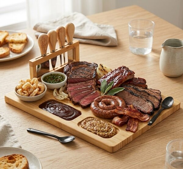 Set platou din bambus pentru servirea brânzeturilor Vilde - include 4 cuțite din inox, design elegant
