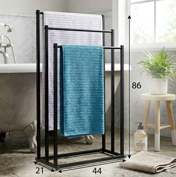 Suport pentru prosoape din metal vopsit electrostatic Vilde - 3 bare pentru uscare, construcție stabilă, Negru, 44 x 21 x 86 cm