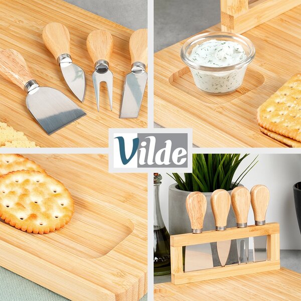 Set platou din bambus pentru servirea brânzeturilor Vilde - include 4 cuțite din inox, design elegant