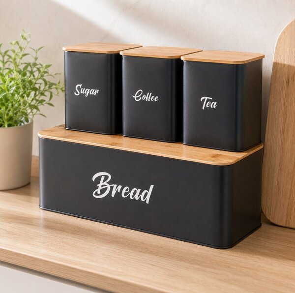 Set cutie de pâine din bambus cu capac din oțel și 3 recipiente pentru bucătărie Vilde - Negru Mat