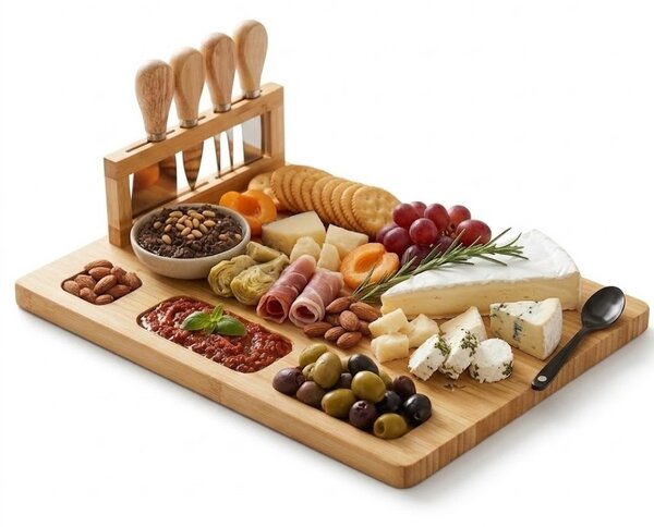 Set platou din bambus pentru servirea brânzeturilor Vilde - include 4 cuțite din inox, design elegant