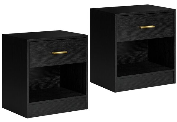 HOMCOM Set 2 Noptiere Moderne din Lemn cu Sertar și Poliță Deschisă, 39x28x41 cm, Negru | Aosom Romania
