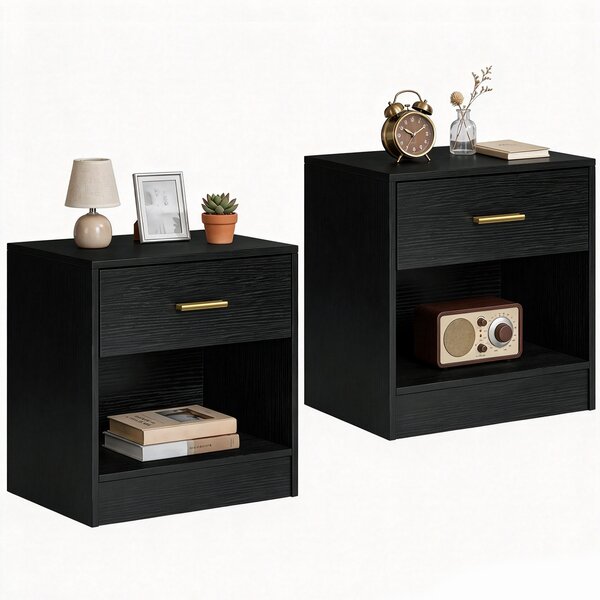 HOMCOM Set 2 Noptiere Moderne din Lemn cu Sertar și Poliță Deschisă, 39x28x41 cm, Negru | Aosom Romania