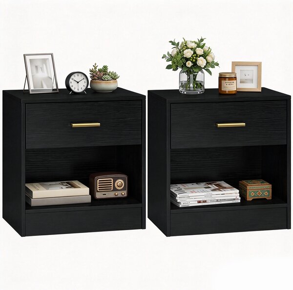 HOMCOM Set 2 Noptiere Moderne din Lemn cu Sertar și Poliță Deschisă, 39x28x41 cm, Negru | Aosom Romania