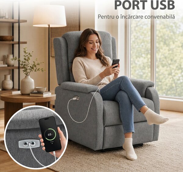 HOMCOM Fotoliu Relax Electric Reclinabil cu Port USB, Gri Închis | Aosom Romania