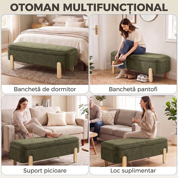 HOMCOM Bancă cu Depozitare 108x40x40 cm, Șezut Tapițat 2 Locuri din Șenilă, Picioare din Lemn, Verde | Aosom Romania