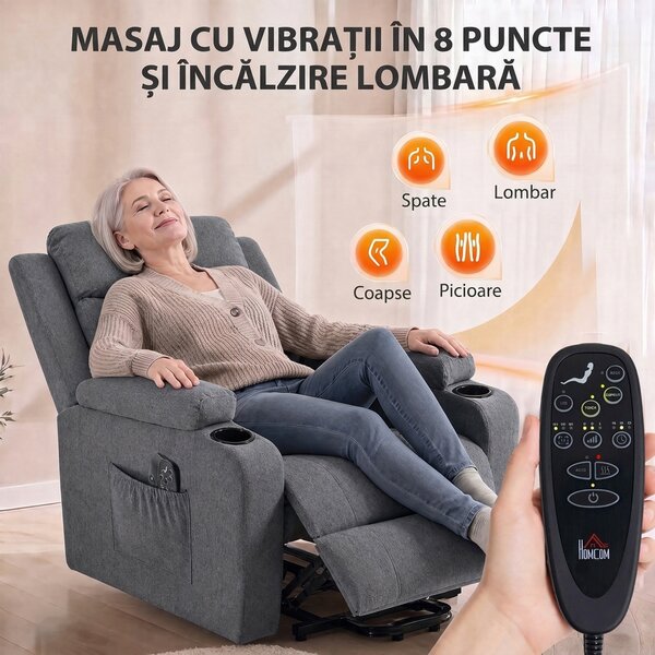 HOMCOM Fotoliu electric cu ridicare asistată, reclinabil, încălzit și cu masaj, gri închis | Aosom Romania