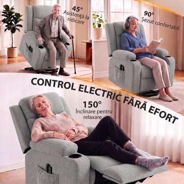 HOMCOM Fotoliu Electric cu Ridicare Asistată, Reclinabil, Încălzit, cu Masaj, Aspect In, 2 Telecomenzi, Gri Deschis | Aosom Romania