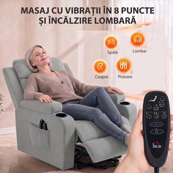 HOMCOM Fotoliu Electric cu Ridicare Asistată, Reclinabil, Încălzit, cu Masaj, Aspect In, 2 Telecomenzi, Gri Deschis | Aosom Romania