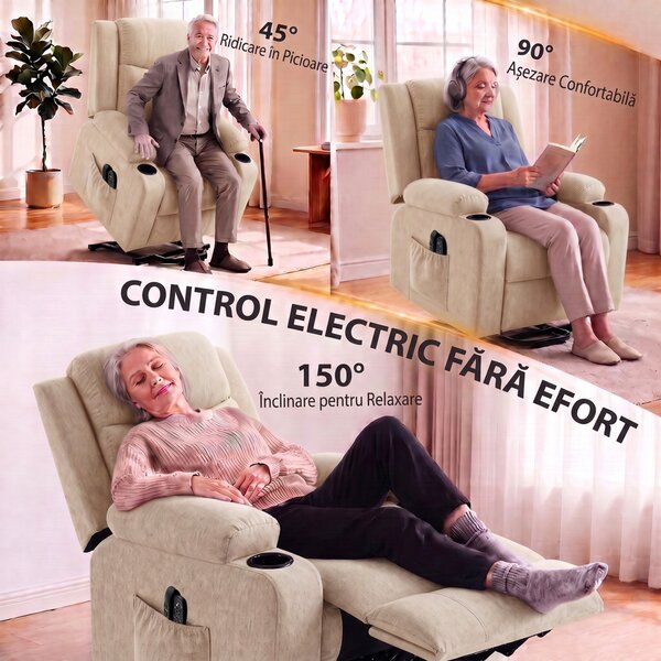 HOMCOM Fotoliu Electric cu Ridicare și Reclinare, Încălzire, Masaj, Efect In, 2 Telecomenzi, Crem | Aosom Romania