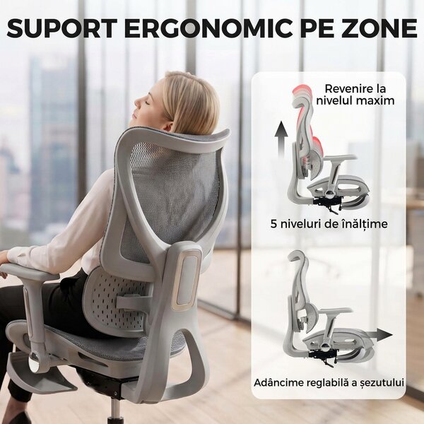 HOMCOM Scaun de birou ergonomic cu suport pentru picioare și plasă respirabilă, gri | Aosom Romania