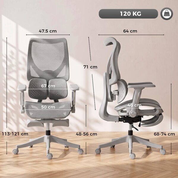 HOMCOM Scaun de birou ergonomic cu suport pentru picioare și plasă respirabilă, gri | Aosom Romania