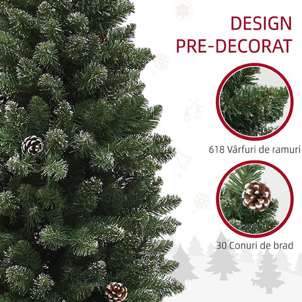 HOMCOM Brad de Crăciun Înzăpezit Înalt cu 618 Crengi, Brad Artificial de Crăciun cu Conuri și Bază, Ø70x180 cm, Verde | Aosom Romania