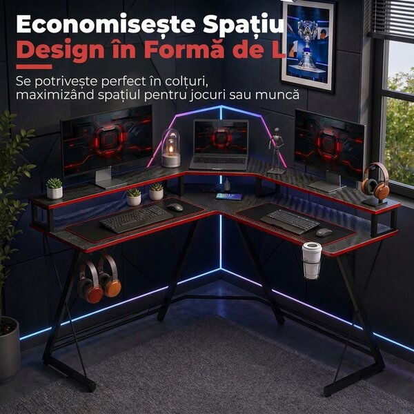 HOMCOM Birou în L cu Prize, 128 cm cu Suport Monitor | Aosom Romania