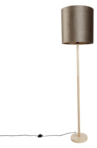 Lampă de podea din lemn cu abajur de catifea gri-maroniu 40cm - Mels