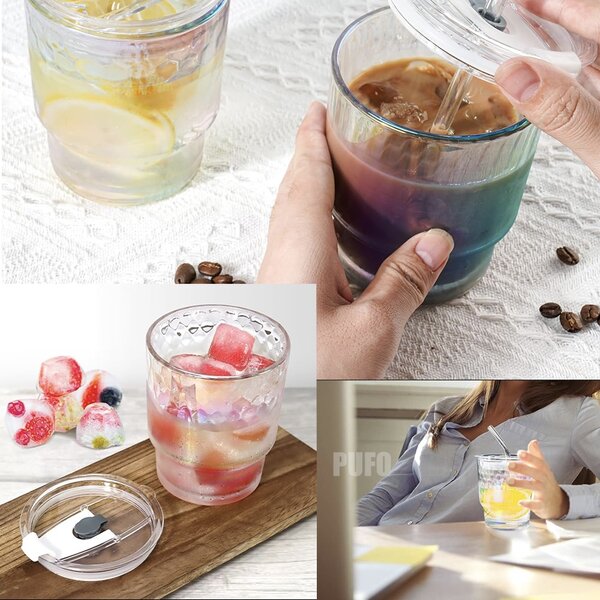 Cana de voiaj Pufo Rainbow Bubble din sticla pentru cafea sau ceai, 350 ml, transparent