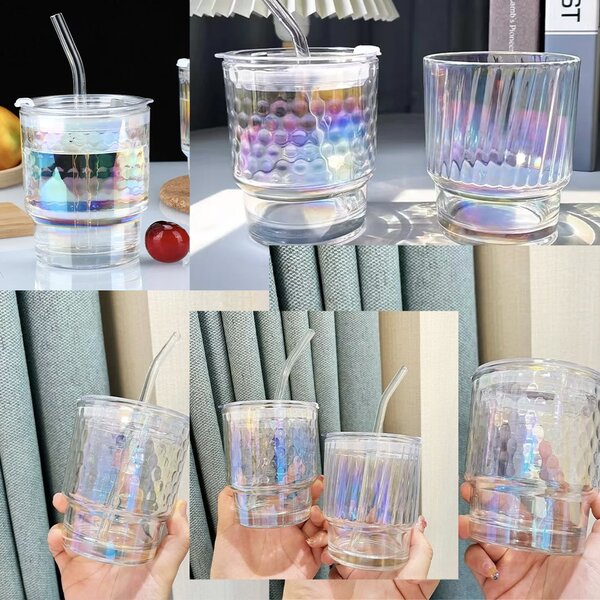 Cana de voiaj Pufo Rainbow Bubble din sticla pentru cafea sau ceai, 350 ml, transparent