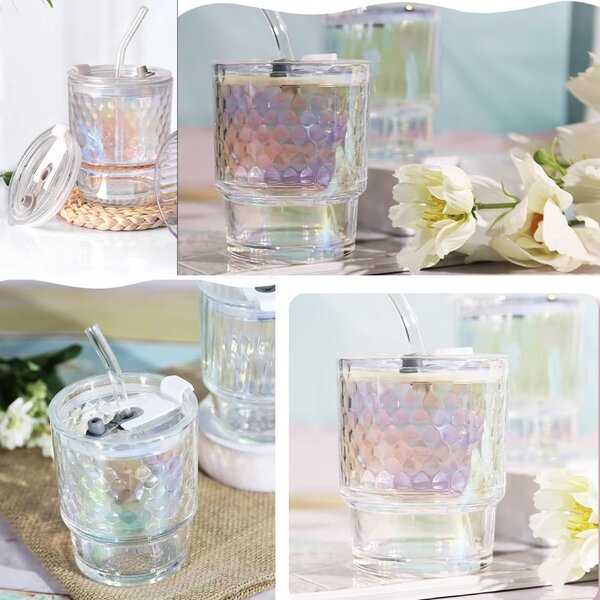 Cana de voiaj Pufo Rainbow Bubble din sticla pentru cafea sau ceai, 350 ml, transparent