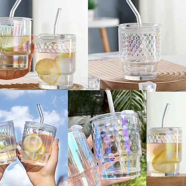Cana de voiaj Pufo Rainbow Bubble din sticla pentru cafea sau ceai, 350 ml, transparent