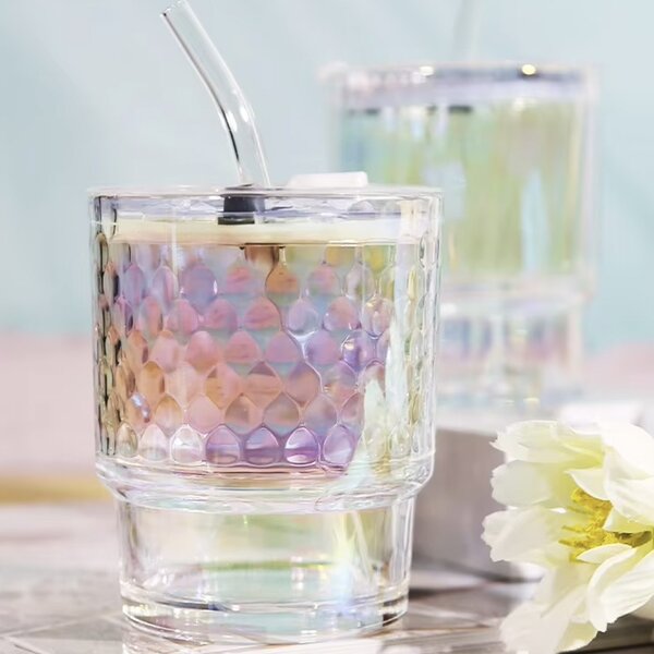Cana de voiaj Pufo Rainbow Bubble din sticla pentru cafea sau ceai, 350 ml, transparent