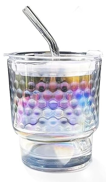 Cana de voiaj Pufo Rainbow Bubble din sticla pentru cafea sau ceai, 350 ml, transparent