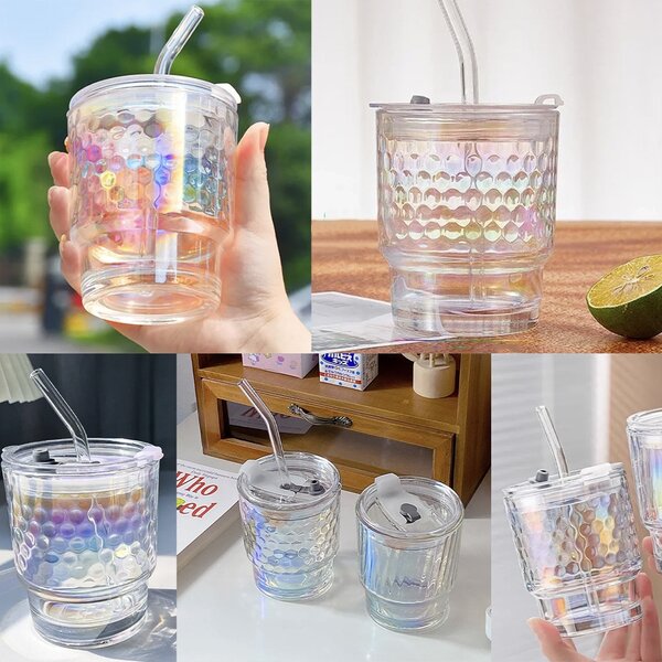 Cana de voiaj Pufo Rainbow Bubble din sticla pentru cafea sau ceai, 350 ml, transparent