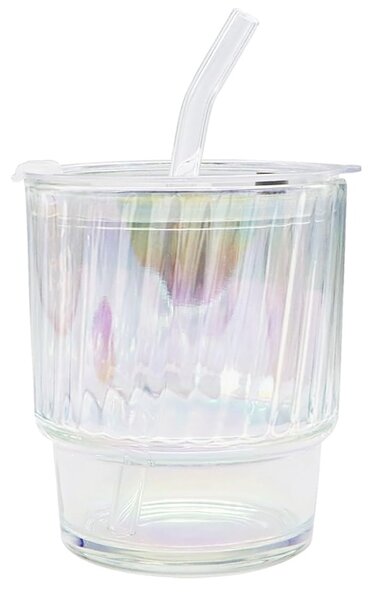 Cana de voiaj Pufo Rainbow Line din sticla pentru cafea sau ceai, 350 ml, transparent