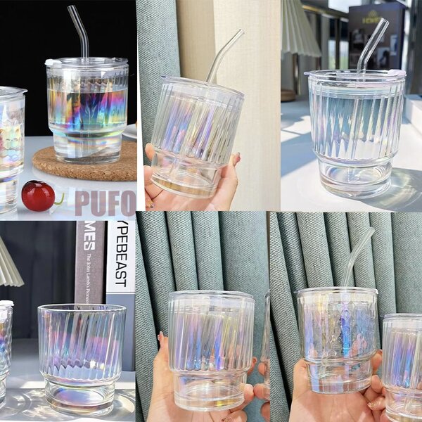 Cana de voiaj Pufo Rainbow Line din sticla pentru cafea sau ceai, 350 ml, transparent