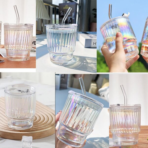 Cana de voiaj Pufo Rainbow Line din sticla pentru cafea sau ceai, 350 ml, transparent