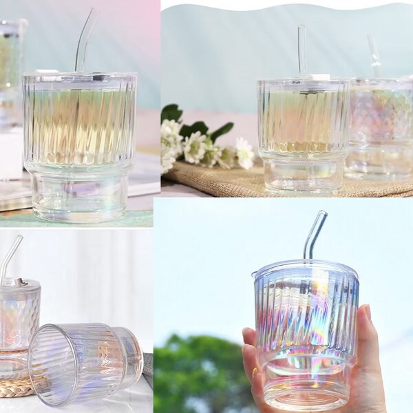 Cana de voiaj Pufo Rainbow Line din sticla pentru cafea sau ceai, 350 ml, transparent