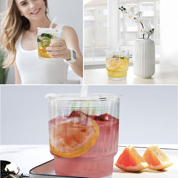 Cana de voiaj Pufo Rainbow Line din sticla pentru cafea sau ceai, 350 ml, transparent