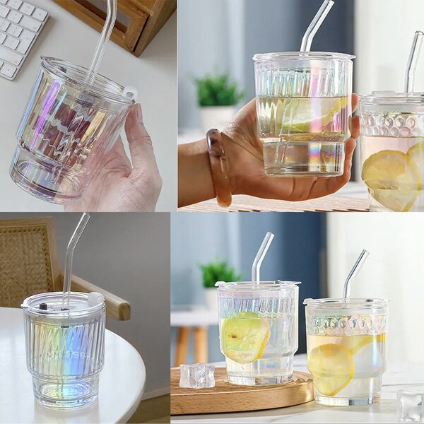 Cana de voiaj Pufo Rainbow Line din sticla pentru cafea sau ceai, 350 ml, transparent