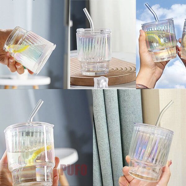 Cana de voiaj Pufo Rainbow Line din sticla pentru cafea sau ceai, 350 ml, transparent