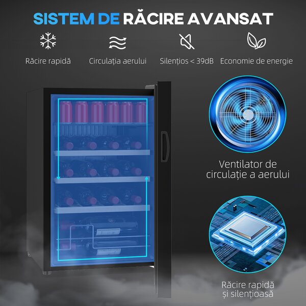 HOMCOM Răcitor pentru Vinuri de 53L cu Rafturi Ajustabile pentru 12 Sticle și 25 Doze, Răcitor Vinuri din Oțel, Lemn și Sticlă Temperată, 43x45x64 cm, Negru | Aosom Romania
