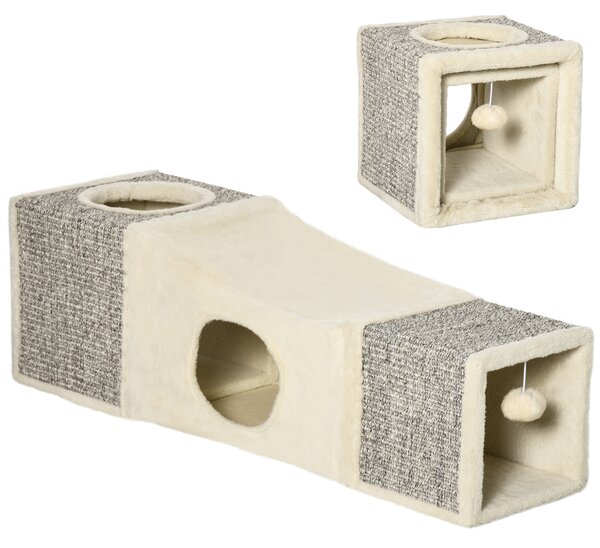 PawHut Tunel Pliabil pentru Pisici cu Căsuțe și Zgârâietori, Jucării cu Minge de Pluș și Sisal, 98x30x30 cm, Alb Crem | Aosom Romania