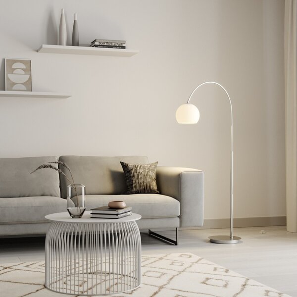 Lindby Lampă cu arc Cynthia, culoare nichel, sticlă, 140 cm, E27, Metalic, Camera de zi / sufragerie, Sticlă, Modern