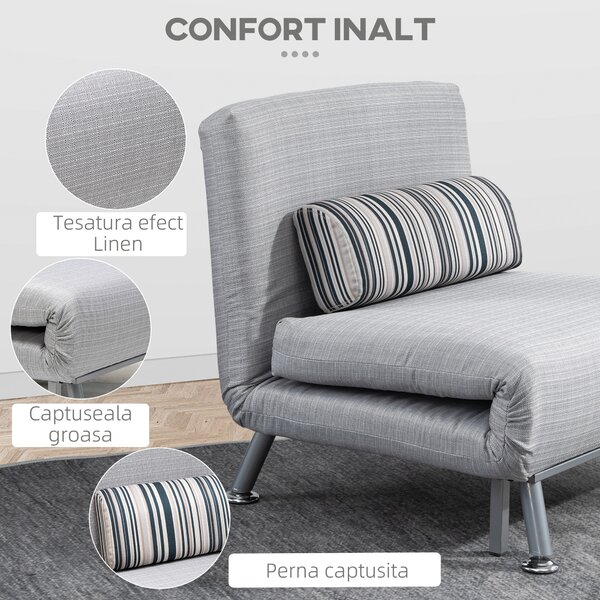 Fotoliu pat extensibil HOMCOM din Fier și Bumbac cu Pernă cu Dungi, Gri 75x70x75cm | Aosom Romania