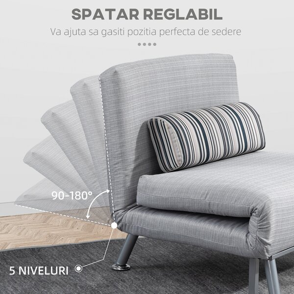 Fotoliu pat extensibil HOMCOM din Fier și Bumbac cu Pernă cu Dungi, Gri 75x70x75cm | Aosom Romania