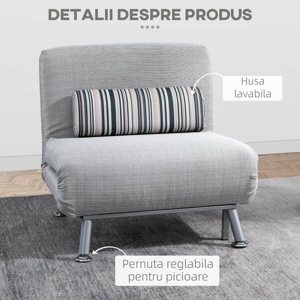 Fotoliu pat extensibil HOMCOM din Fier și Bumbac cu Pernă cu Dungi, Gri 75x70x75cm | Aosom Romania