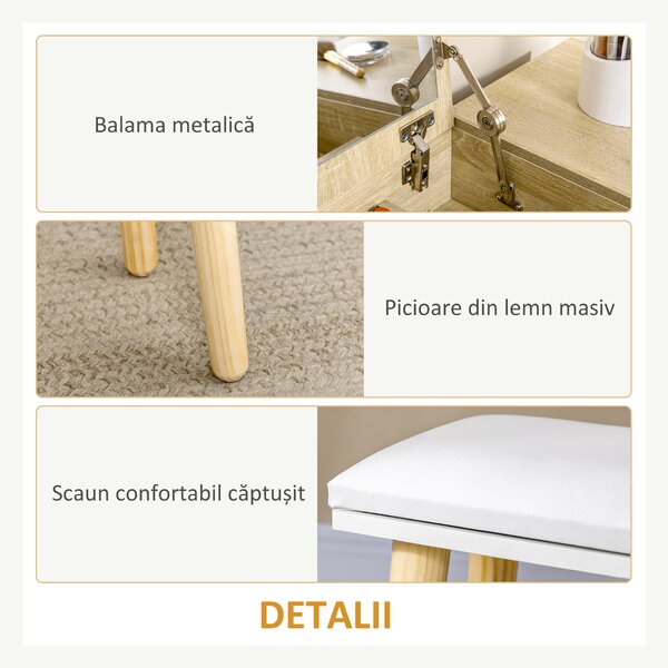 Masa de toaleta cu oglinda glisanta scaun tapitat 2 sertare 5 compartimente de depozitare pentru casa 100x45x118cm Lemn HOMCOM | Aosom RO