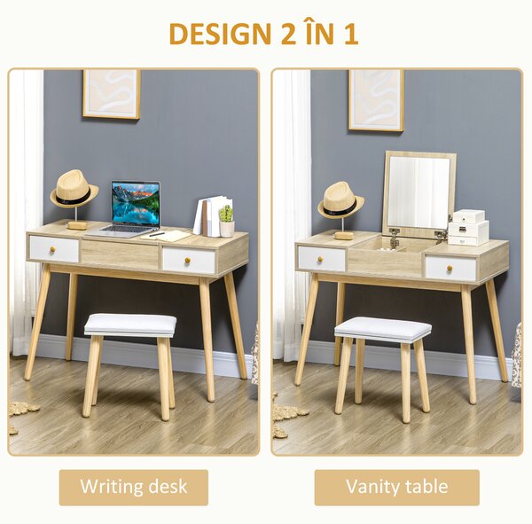Masa de toaleta cu oglinda glisanta scaun tapitat 2 sertare 5 compartimente de depozitare pentru casa 100x45x118cm Lemn HOMCOM | Aosom RO